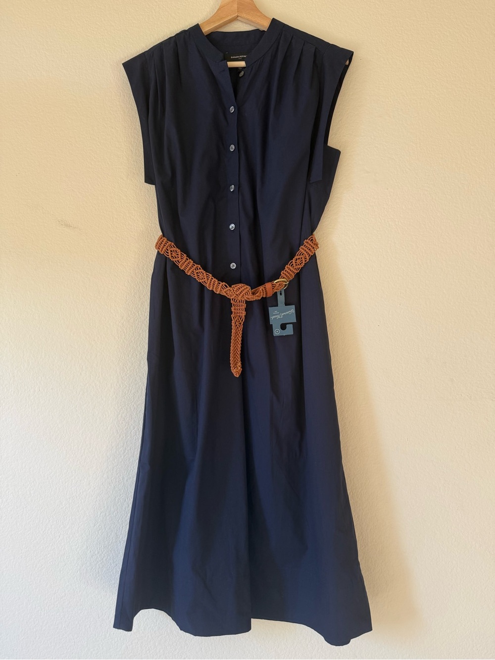 Banana Republic Navy Sleeveless Button-Front Maxi Dress with Braided Tan Belt